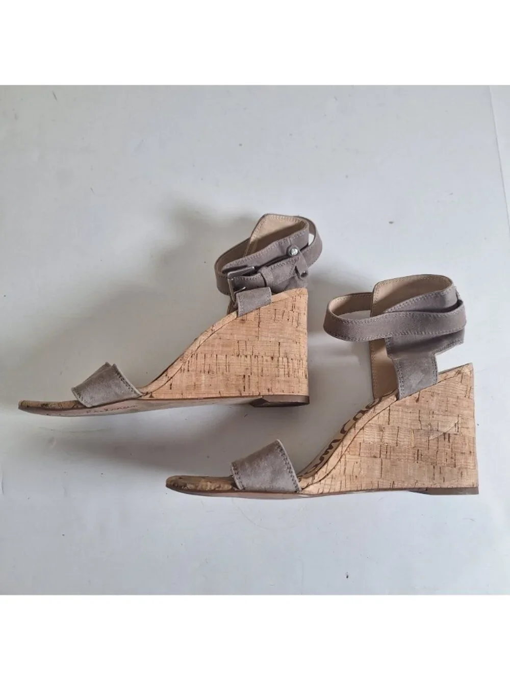 Sam Edelman Willow Gray Suede Cork Wedge Ankle Strap Sandals size 7.5